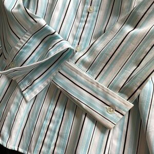 Jones New York Shirt Women Size MP Aqua White Tan Stripes Fitted Long Sleeves